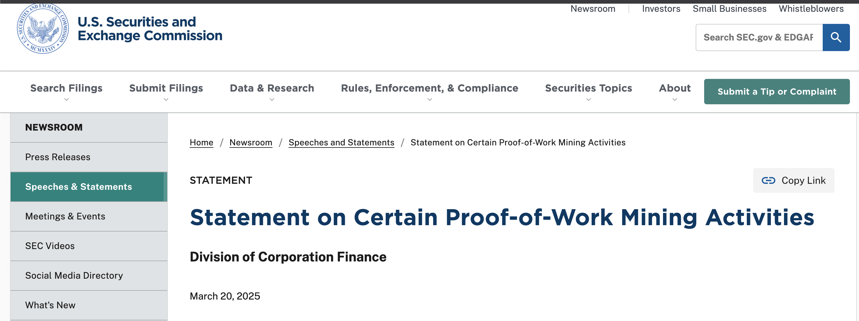 US SEC issues statement excluding Proof-of-Work Mining from securities regulations | March 20, 2025